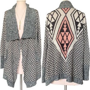 PINK OWL Open Front Cardigan Tribal Drape SouthWestern Aztec Sweater Medium Gray
